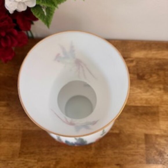 Antique‎ White Satin Bristol Glass Vase Hand Painted Floral and Bird Design - Picture 5 of 7